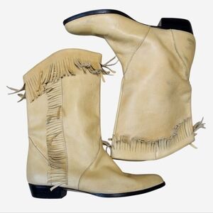Vintage Steve Fleming Tan Leather Western Boots Women's Size 7 B Fringe Detail